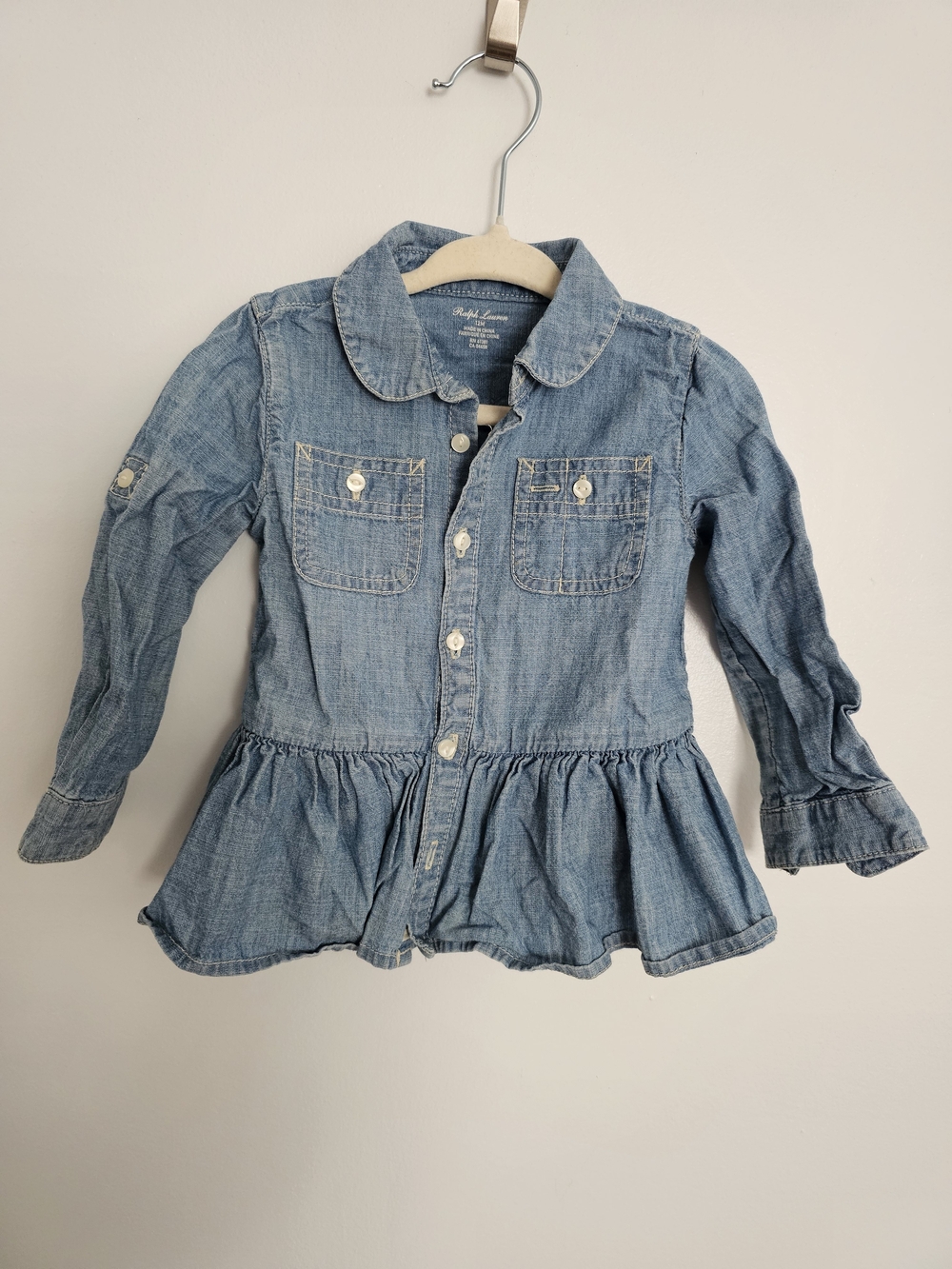 🧸2/20$ Ralph Lauren 12M Baby Girl Denim Peplum Blouse Shirt
